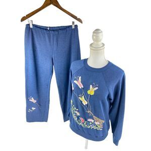 Cyn Lee Vtg 70s Crewneck Sweatshirt Pants Combo Suit Small Embroidered Floral‎